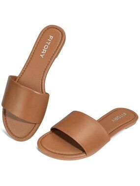 Women's Caramel Brown Round Toe Classic Single Strap Slip On Slide Sandal Shoes